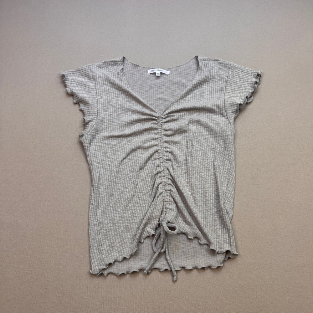 Antistar Grey Ribbed Cinched Front Lettuce Edge Top Large